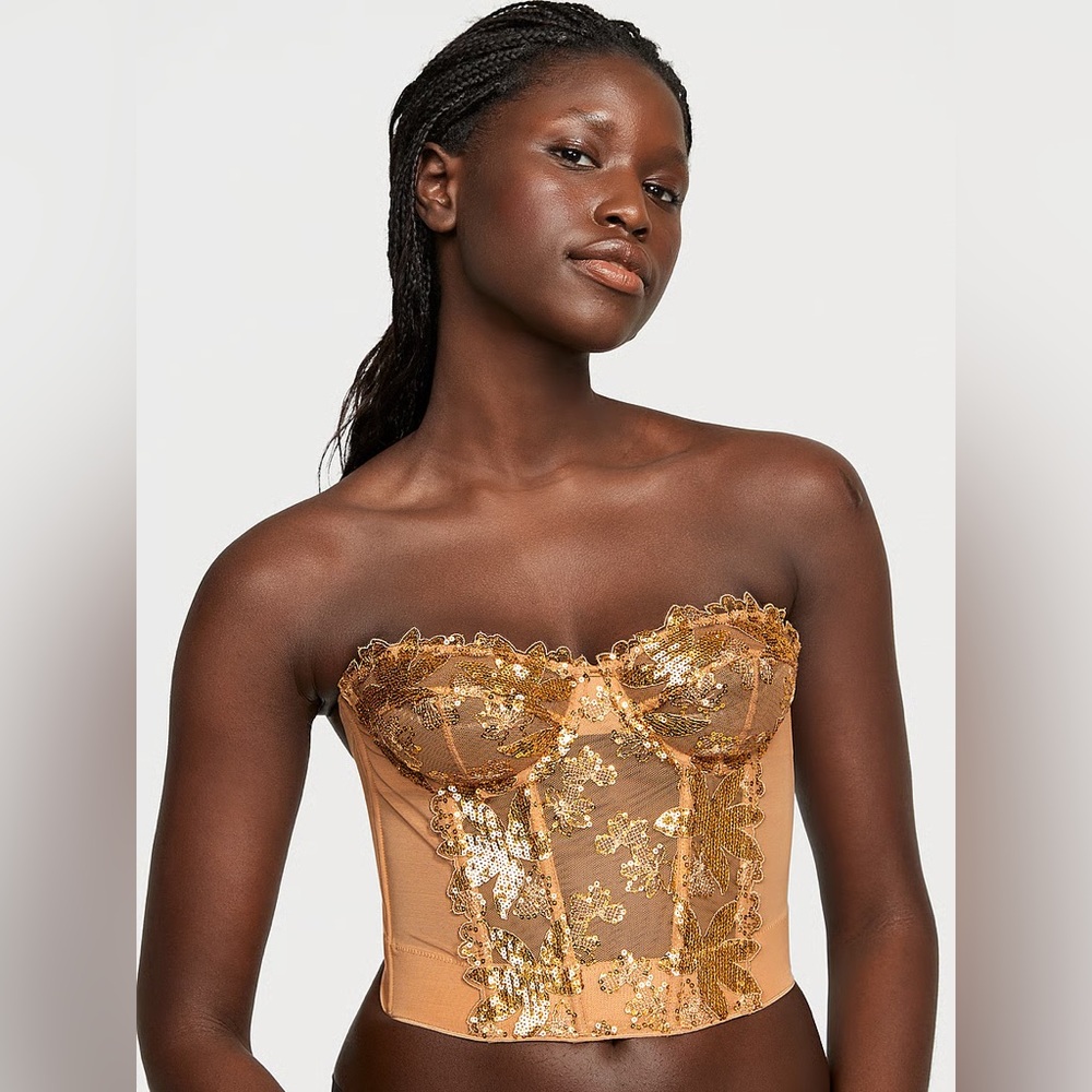 Victorias Secret Gold Sequined Ziggy Glam Floral Embroidery  Corset‎ 32DD